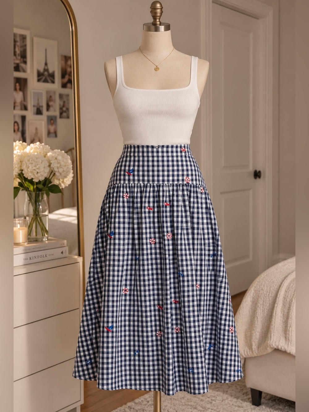 Navy Gingham Midi Skirt with Embroidered Floral Detail - Picture 3 of 3